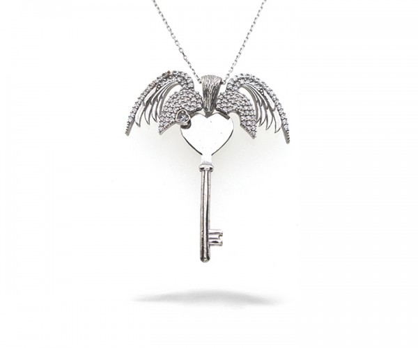 925´er Sterling Silber Halskette mit Herz Schlüssel und Herz flügel