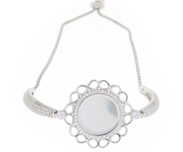 Damen Armband mit runder Gravurplatte aus 925er Silber mit Umrandungen wie eine Sonne von Zirkonia S