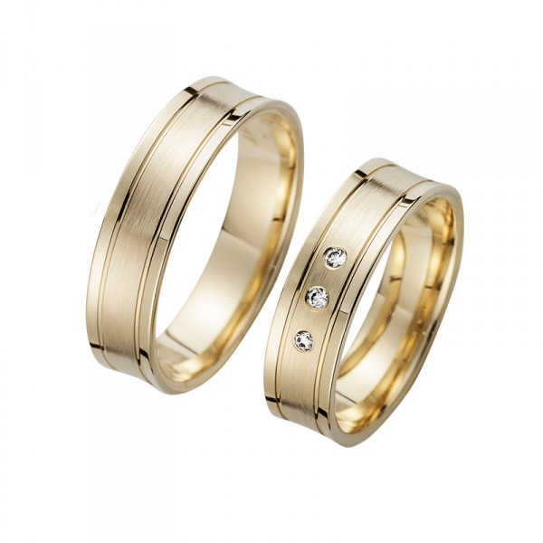 1 Paar Trauringe Weiß-/ Gelbgold mattiert hochglanzrillen mit 3 wunderschönen Brillanten