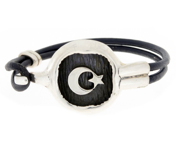 Herrenarmband aus Leder u. Silber 'Mondstern', 27 cm
